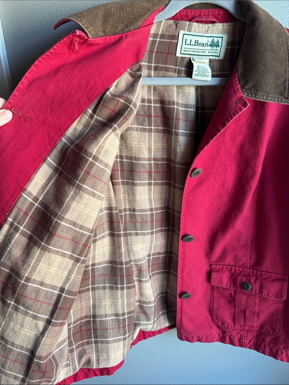 L.L. Bean Women's  Red Barn Jacket with Brown Corduroy Collar, Size LP. - Picture 7 of 9